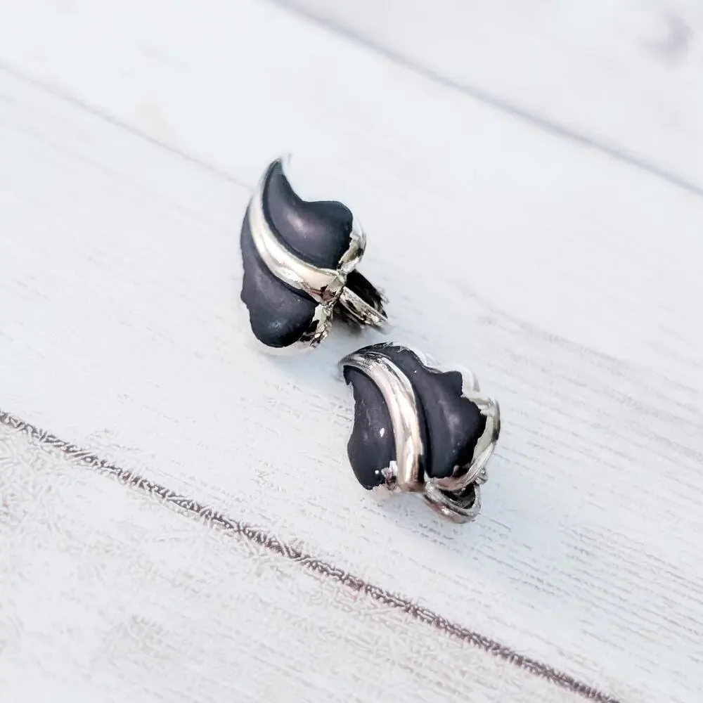 Vintage Clip On Earrings Silver Tone & Black Leaf - Some Paint Chipping